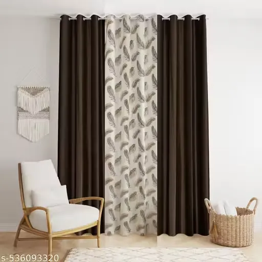 Polyester Floral Grommet Curtains (2 Plain + 1 Printed) Combo Curtains, Coffee, 5 Feet, Pack Of 3
